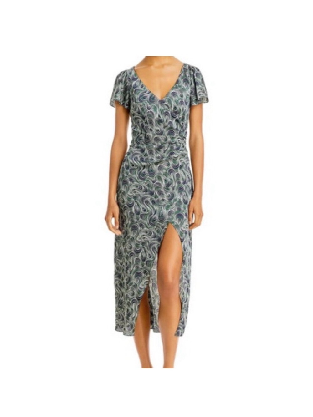 Cinq A Sept Midi Dress Size 0 NWT Emerald Swirl Print Flutter Sleeve